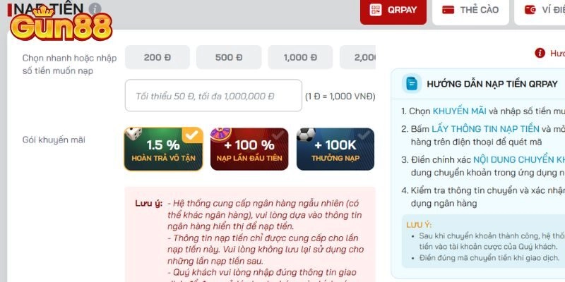 Các phương thức nạp tiền Gun88 phổ biến nhất